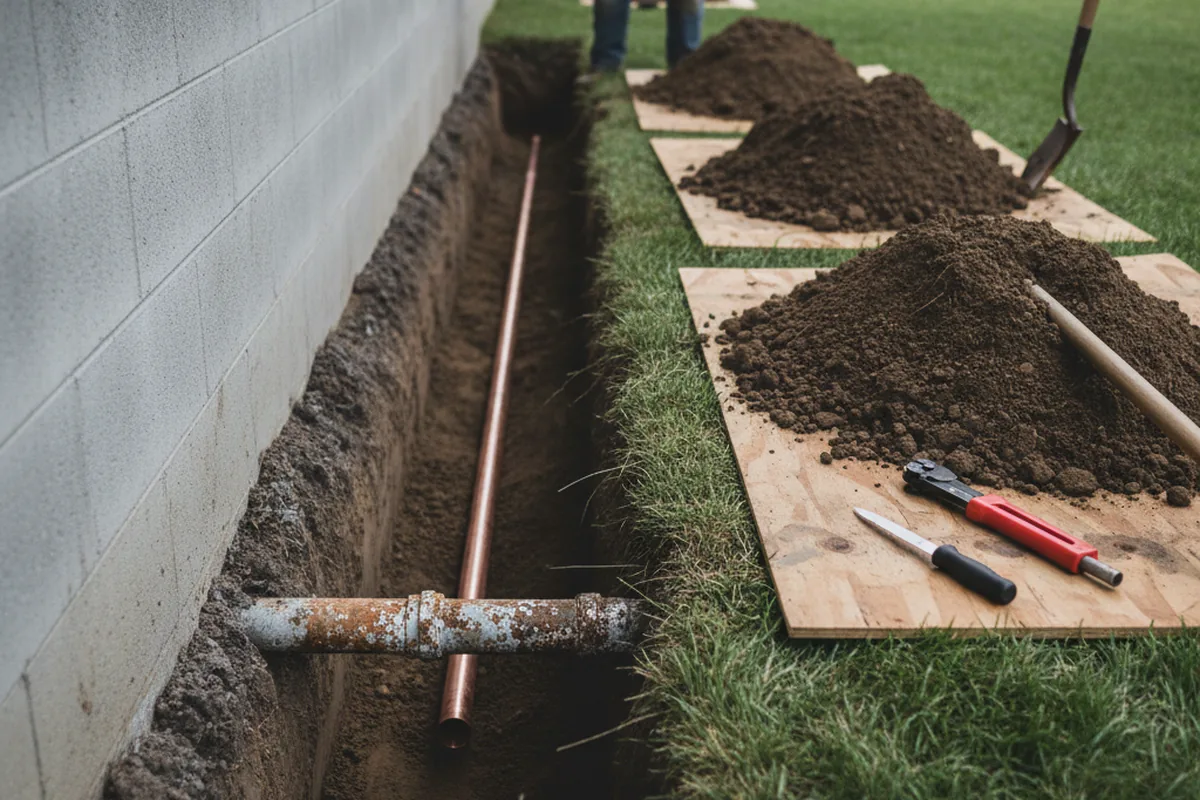 Excavated water line trench during Water Heater Repair in Millsap